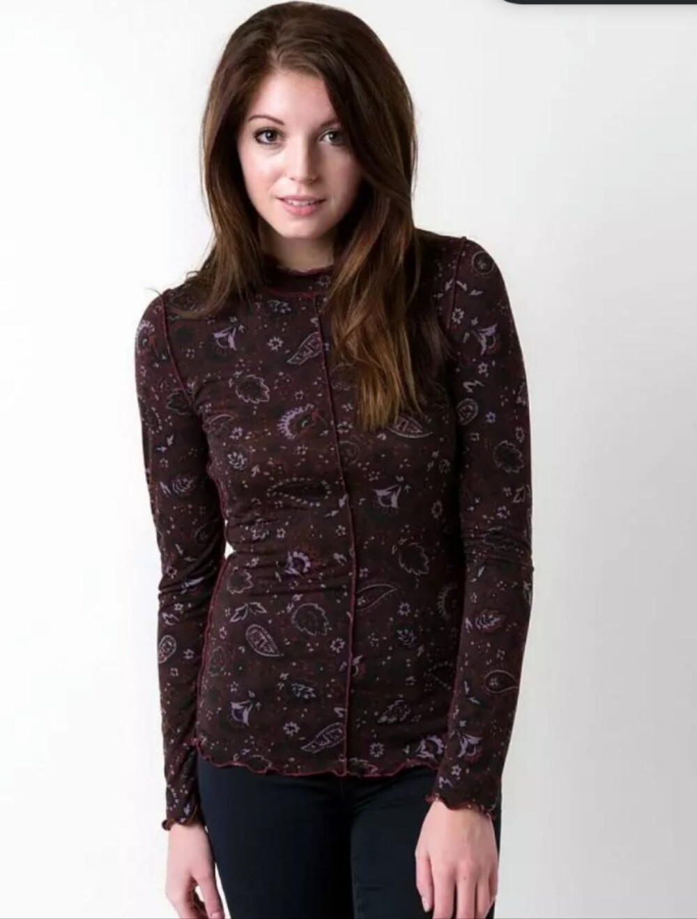 Free People Long Sleeve Paisley Mock Neck Top in Dark Brown with Purple Accents